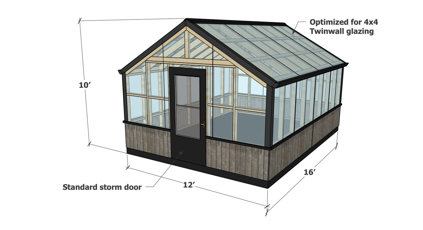 12x16 Greenhouse with Twinwall Glazing dimension diagram 1