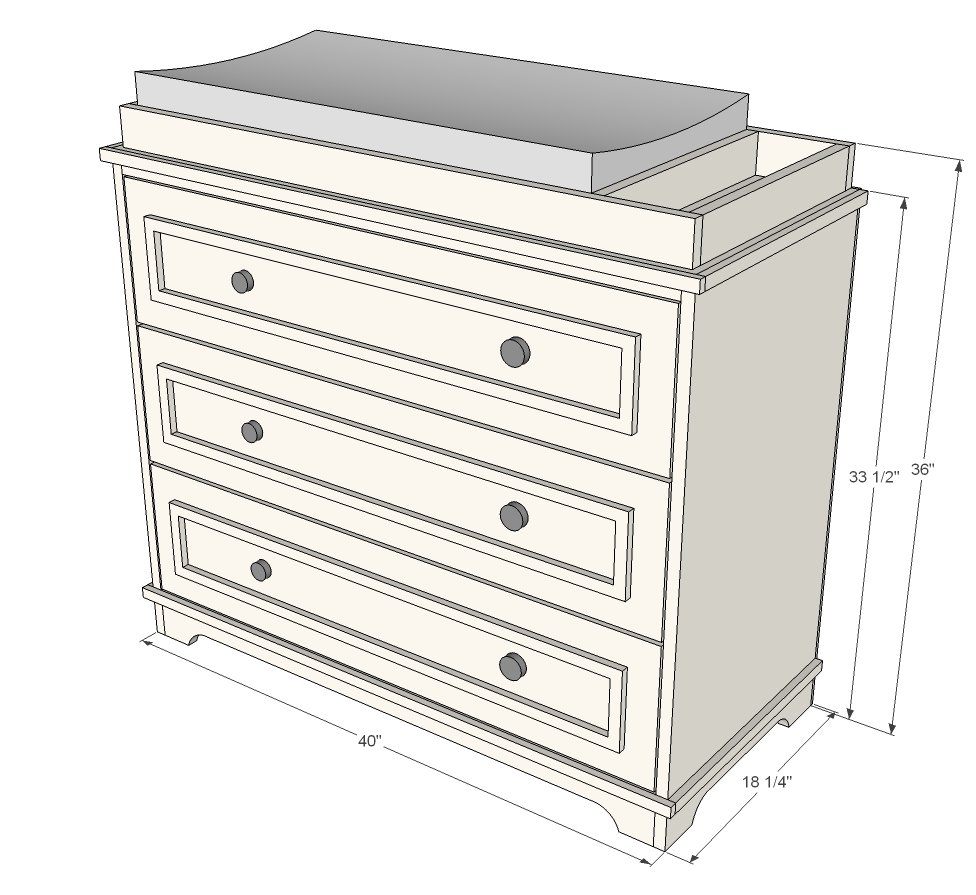 3 Drawer Dresser or Baby Changing Table dimension diagram 1