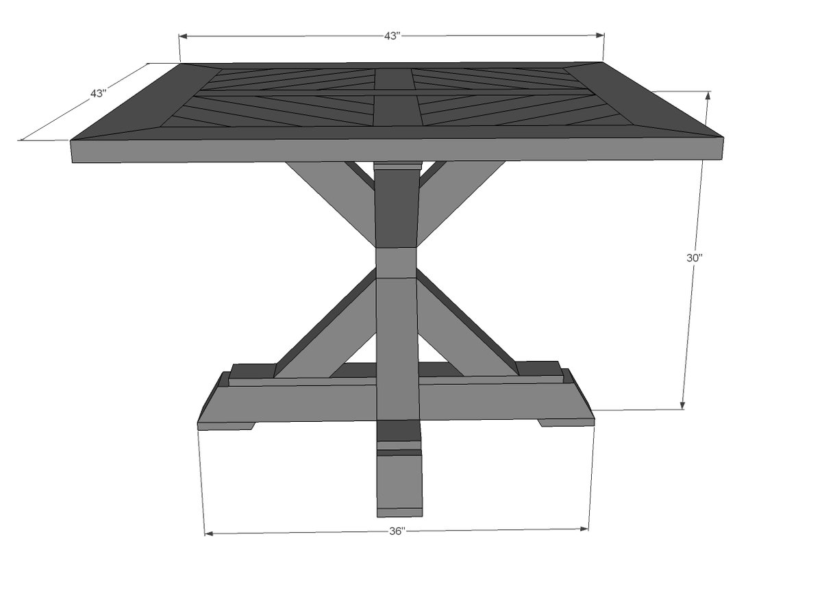 4x4 X Base Pedestal Dining Table with Planked Wood Top dimension diagram 1