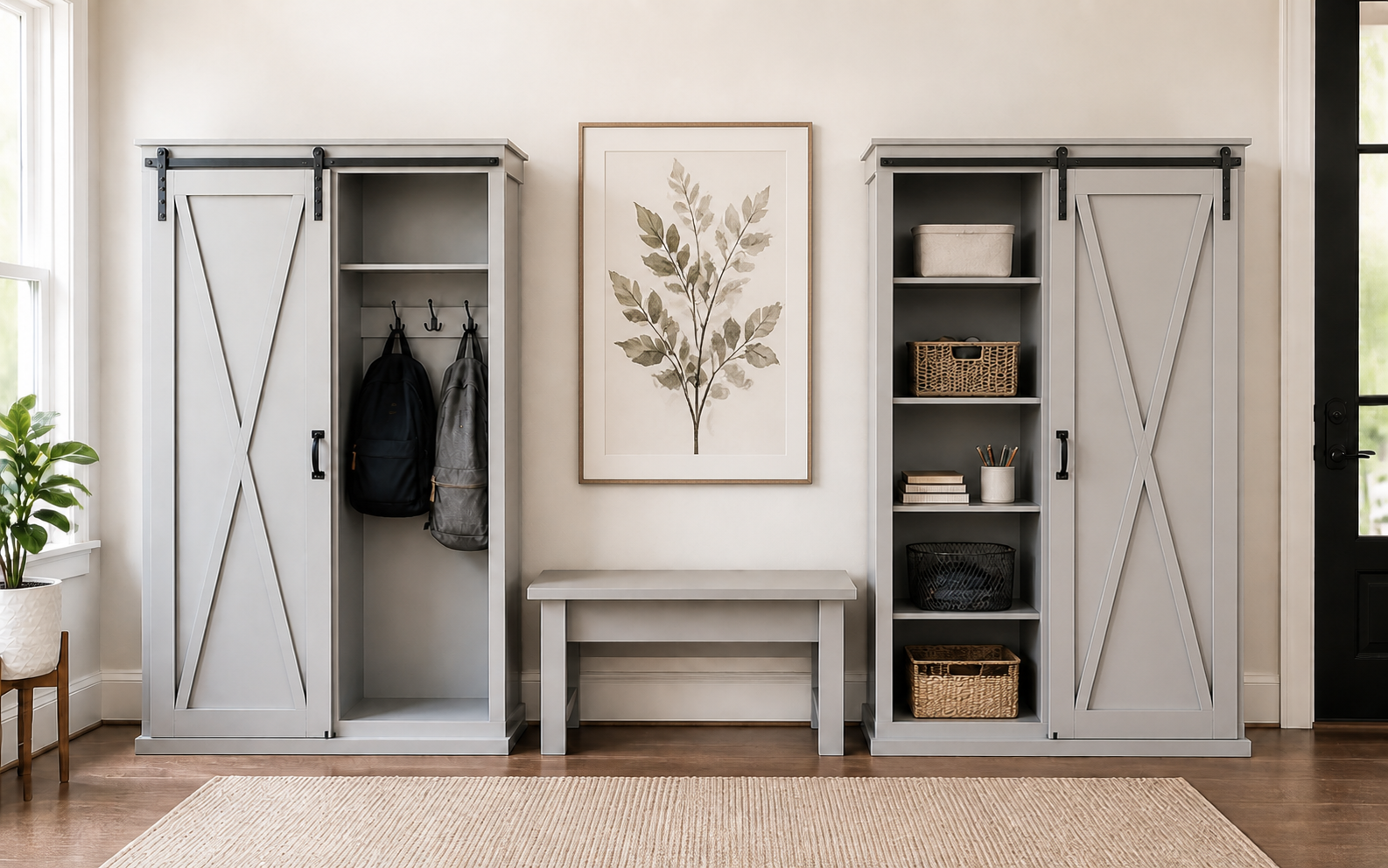 Barn Door Cabinet with Hooks for Entryway