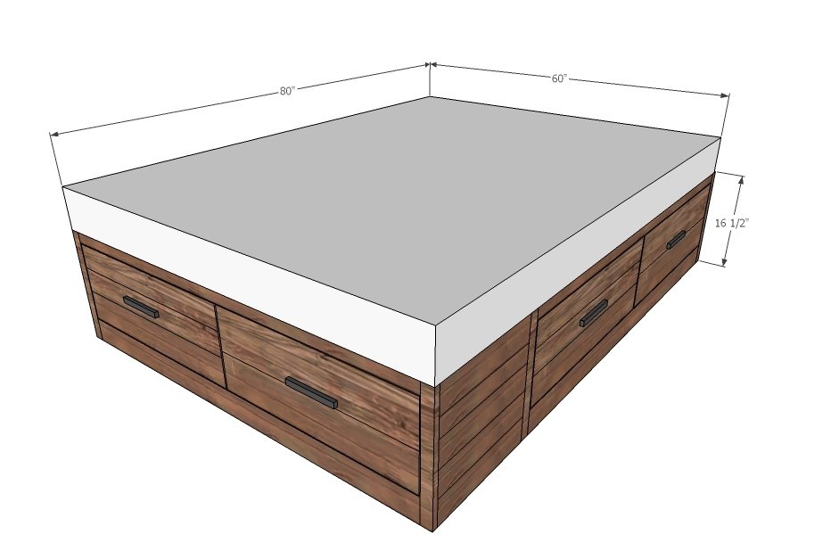 Brandy Scrap Wood Storage Bed with Drawers dimension diagram 1