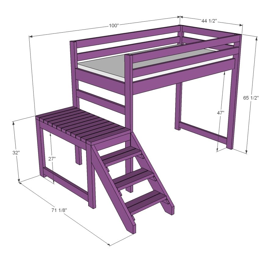 Camp Loft Bed with Stair, Junior Height dimension diagram 1