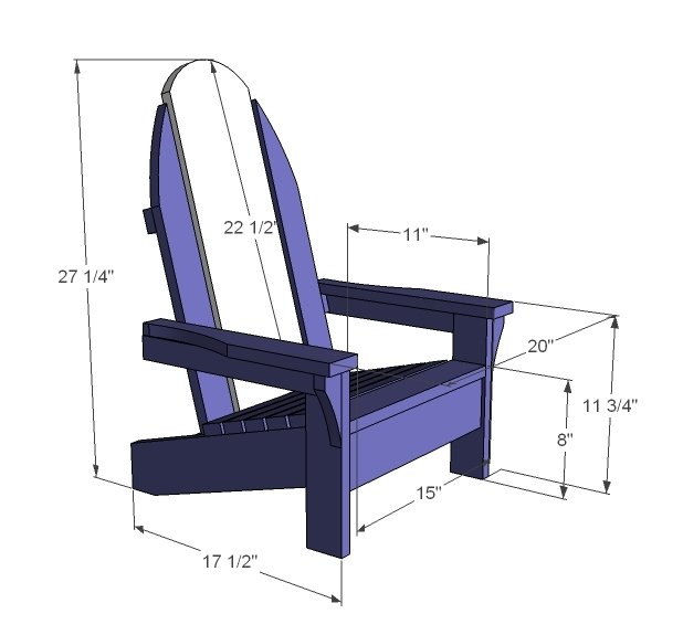 Child Sized Surf Board Adirondack Chair dimension diagram 1