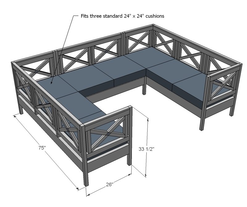 Classic X-Back Sofa or Sectional with Cushions dimension diagram 1