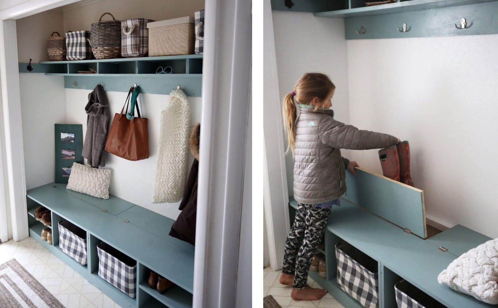 Closet Mudroom Bench with Hinge Up Boot Storage Compartment