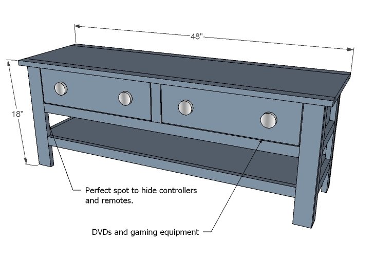 Cottage Media Console or Narrow Coffee Coffee Table dimension diagram 1