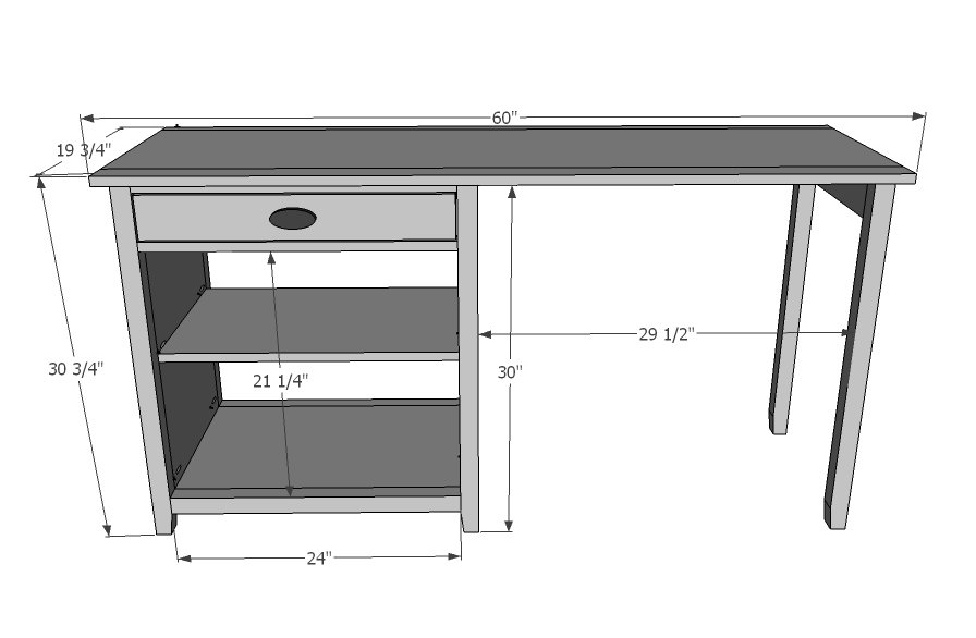 Desk with Drawer and Shelving dimension diagram 1