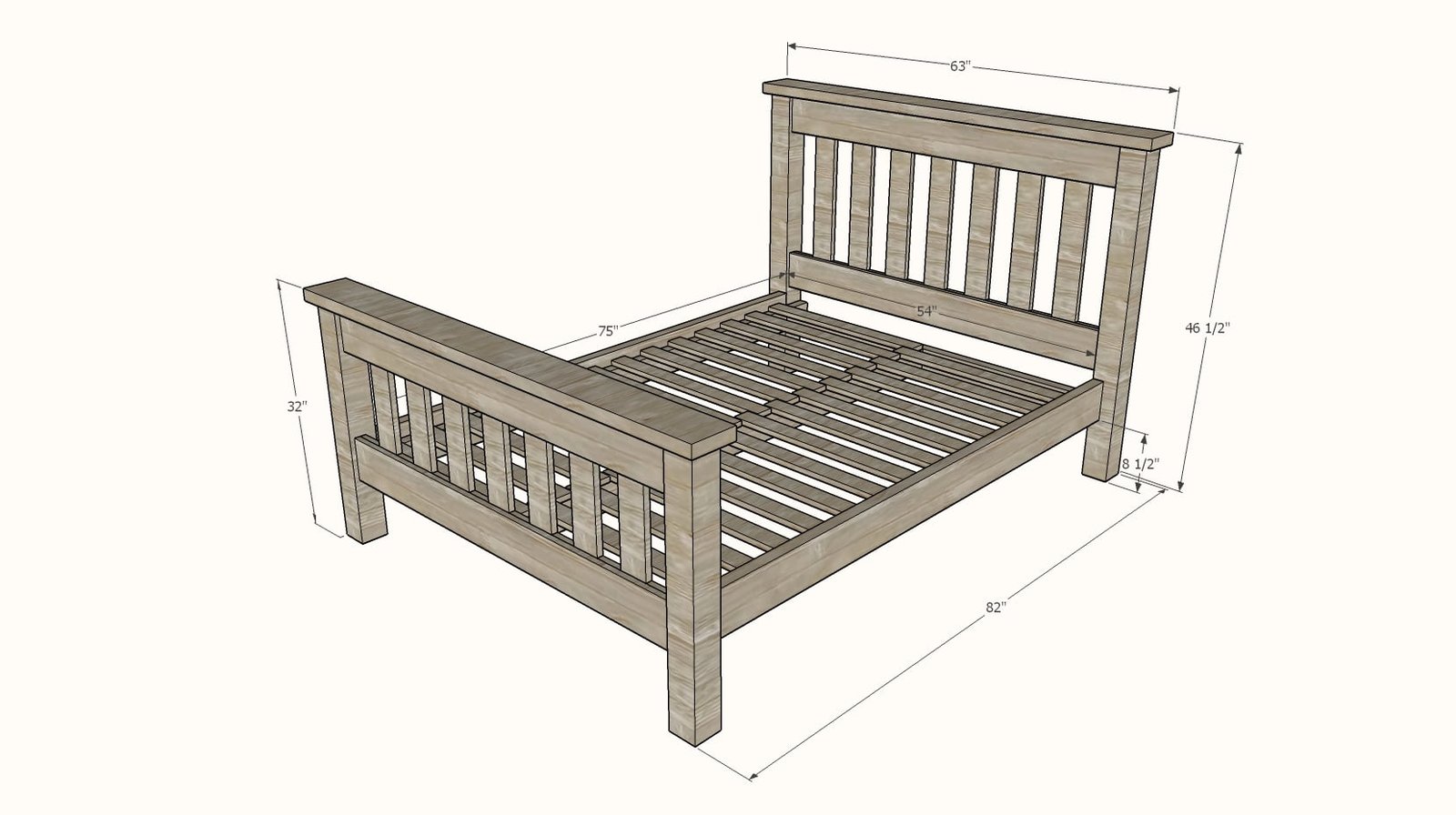 Mission Style Bed, Queen or Full Size Frame dimension diagram 1