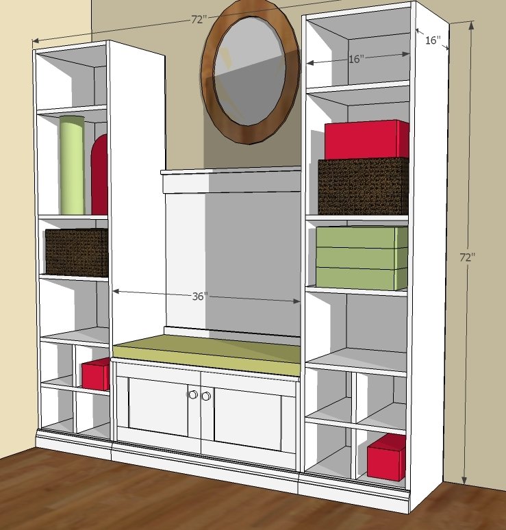 Mudroom System with Towers and Bench dimension diagram 1