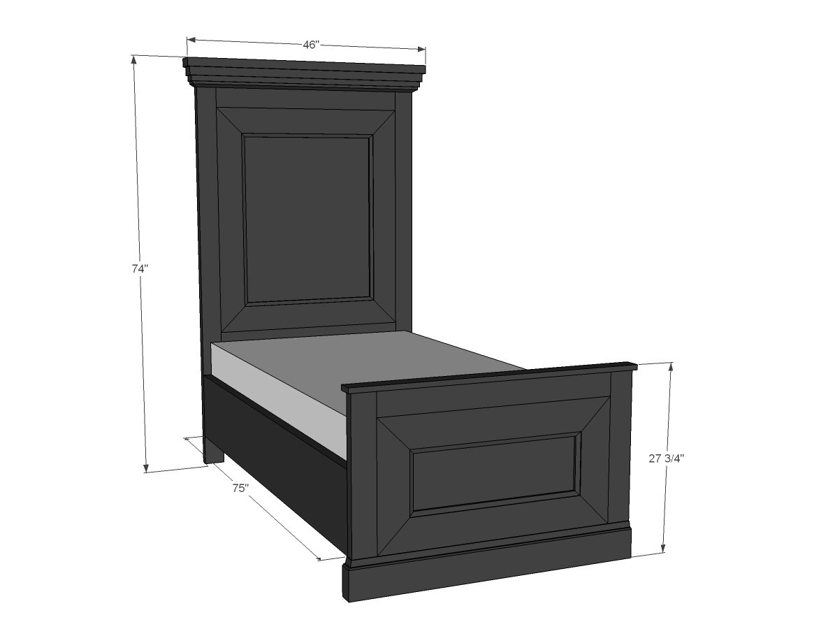 Elegant DIY Twin Bed with Detailed Headboard ( + Cut List) dimension diagram 1