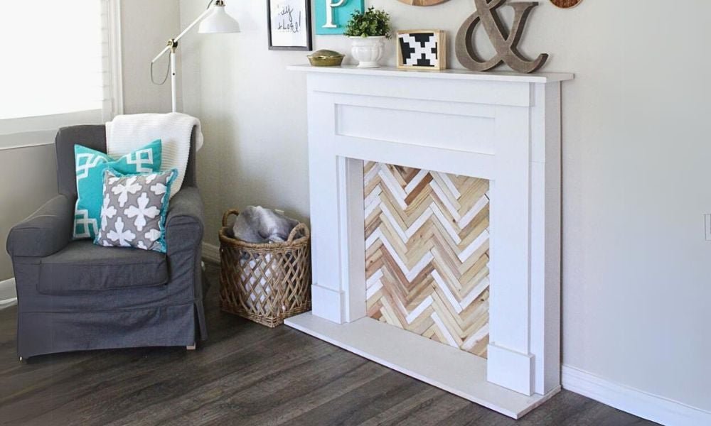 Fake Fireplace Mantel built from Pine Boards