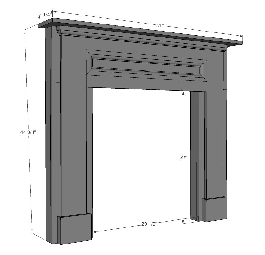Fake Fireplace Mantel built from Pine Boards dimension diagram 1
