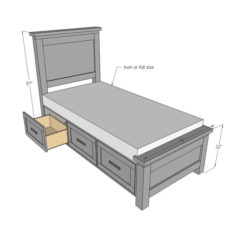Farmhouse Storage Bed with Drawers (Twin and Full) dimension diagram 1