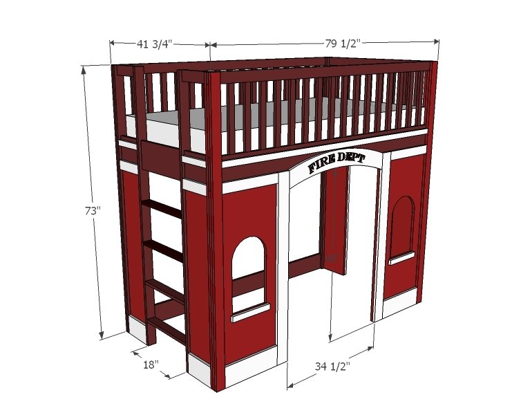 Fire Station Loft Bed dimension diagram 1