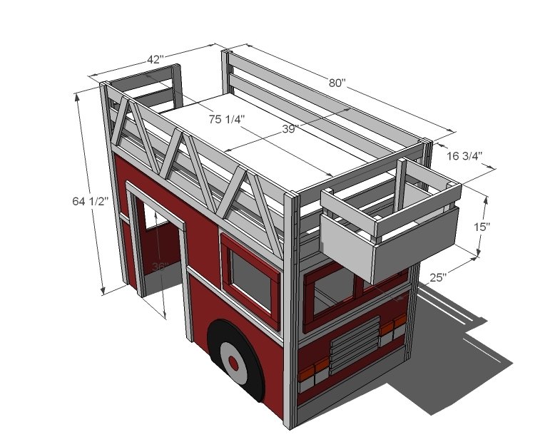 Fire Truck Loft Bed dimension diagram 1