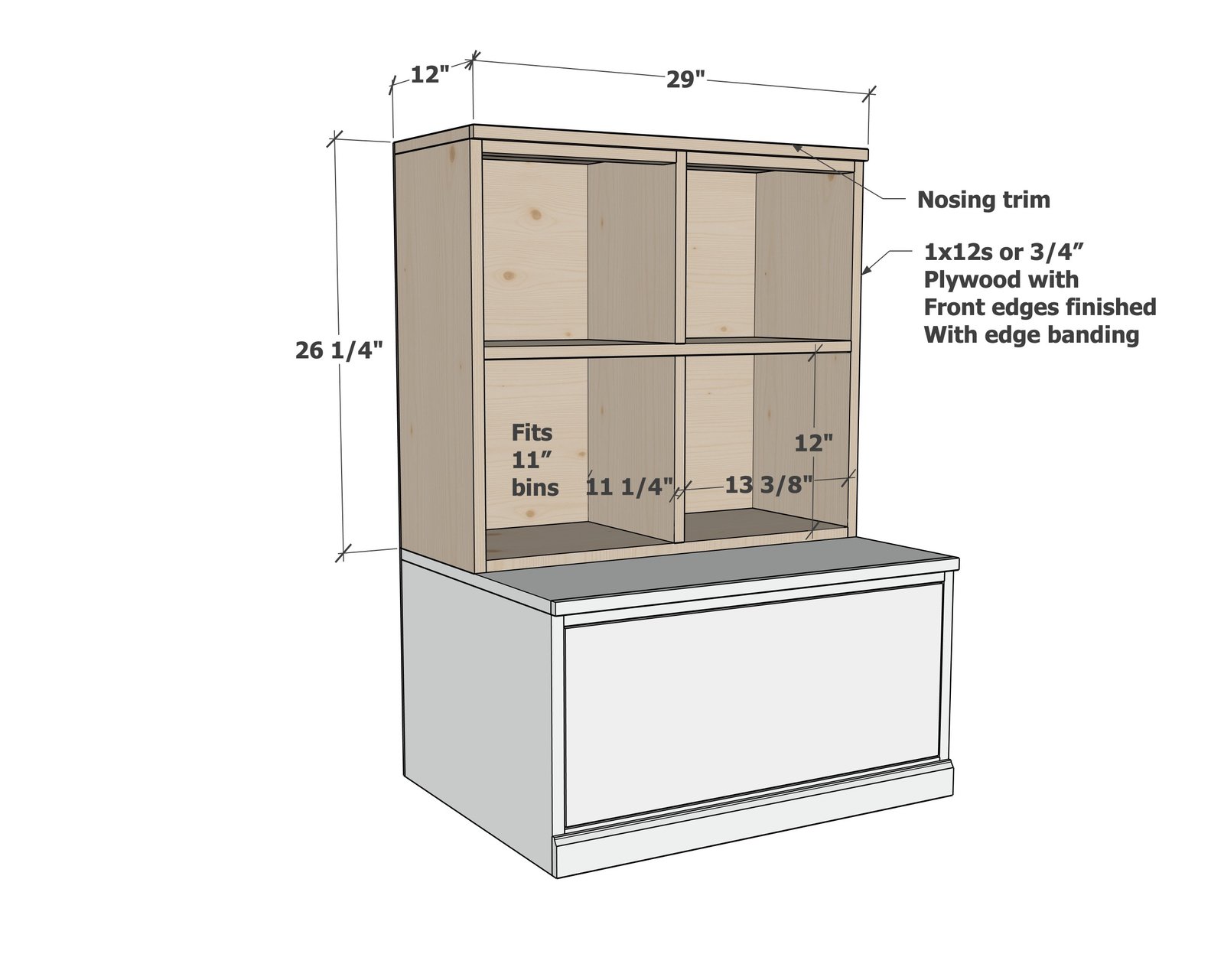 Four Cubby Hutch for the Modular Playroom Storage Wall Collection dimension diagram 1