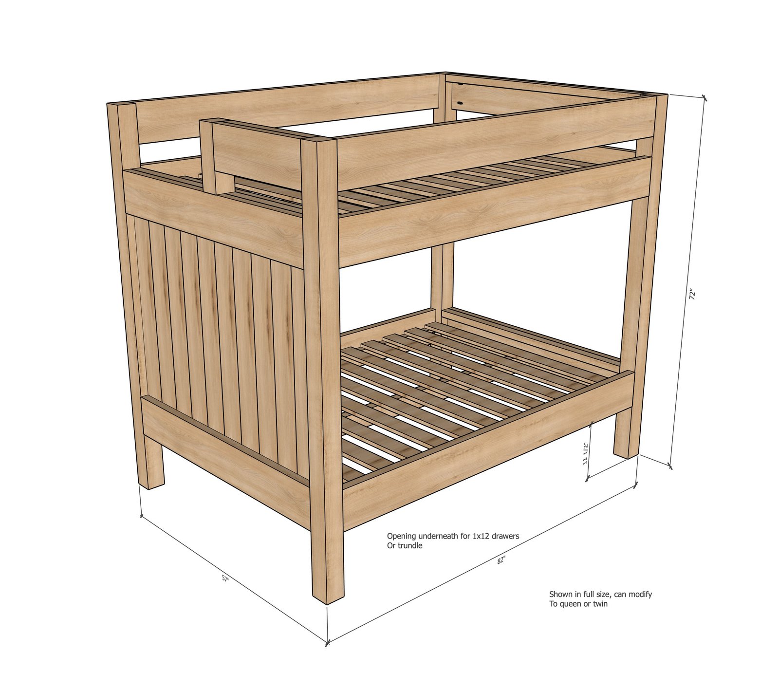 Heavy-Duty Bunk Bed Plans (Twin, Full, or Queen Sizes) dimension diagram 1