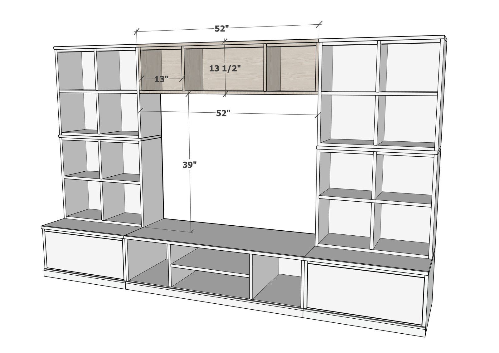 Large Bridge Hutch for the Modular Playroom Storage Media Wall dimension diagram 1