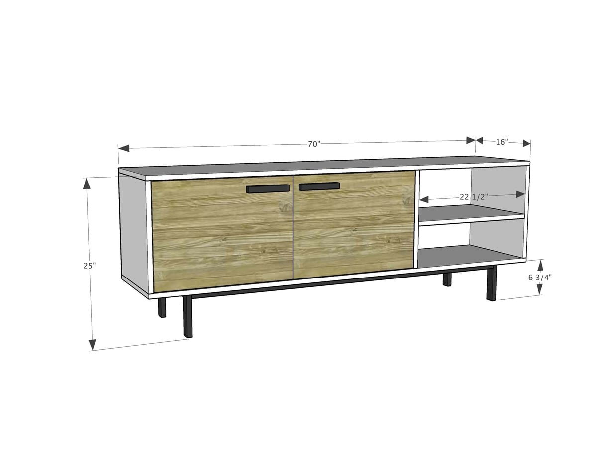 Long Modern Media Console or Entertainment Center dimension diagram 1