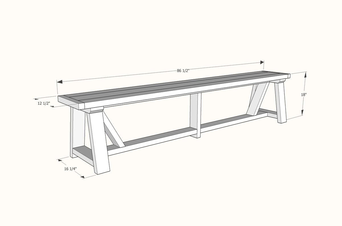 Long Wood Bench for Dining or Extra Seating dimension diagram 1