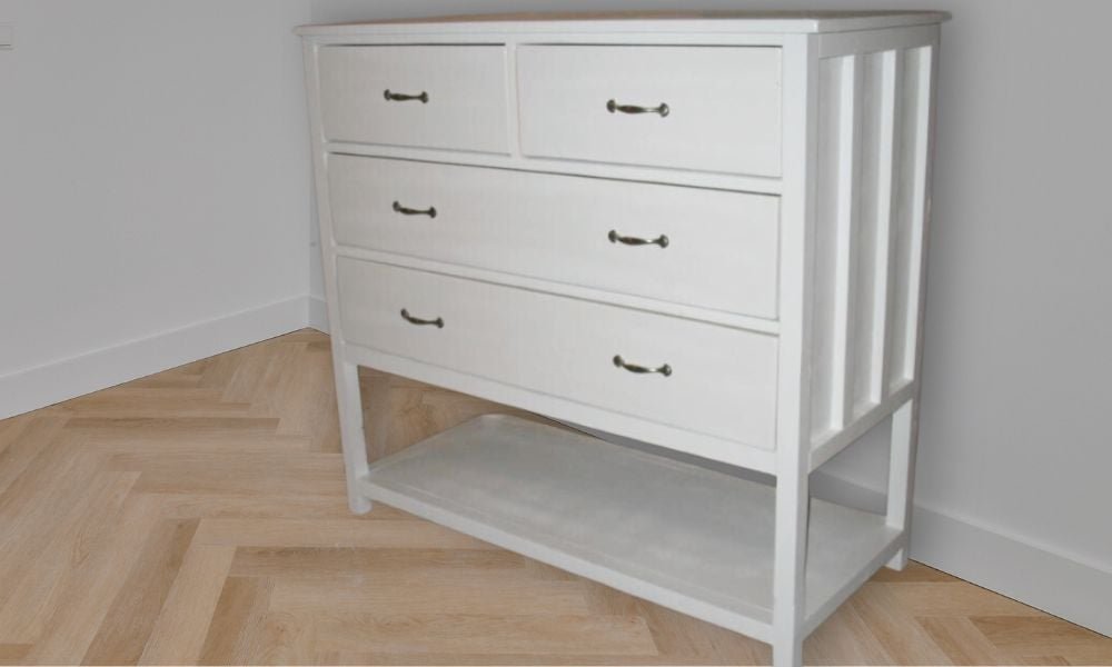 Mid Height 4 Drawer Dresser with Open Bottom Shelf