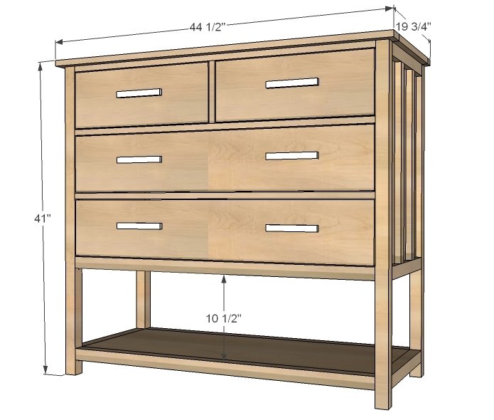 Mid Height 4 Drawer Dresser with Open Bottom Shelf dimension diagram 1
