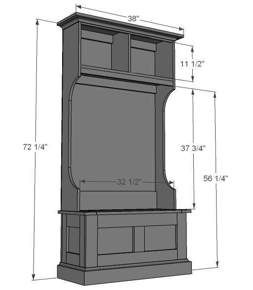 Mimi's Narrow Hall Tree Hutch dimension diagram 1