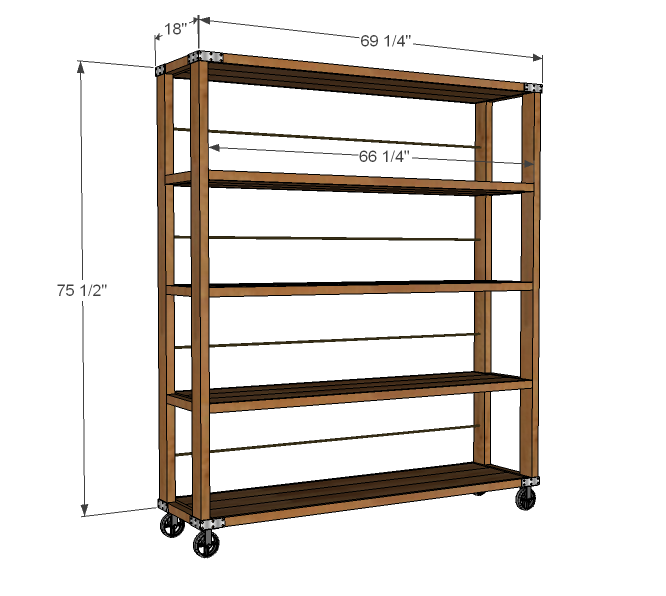 Modern Industrial Bookshelf on Wheels dimension diagram 1