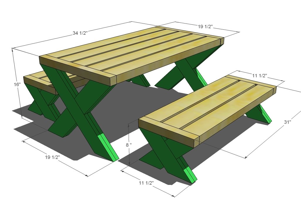 Modern Kid's Picnic Table and Benches dimension diagram 1