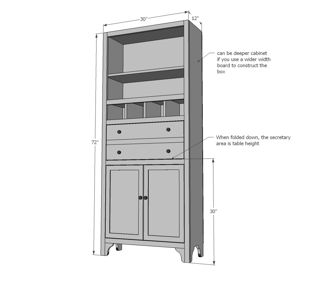 Narrow Depth Secretary Cabinet with Mail Slots dimension diagram 1
