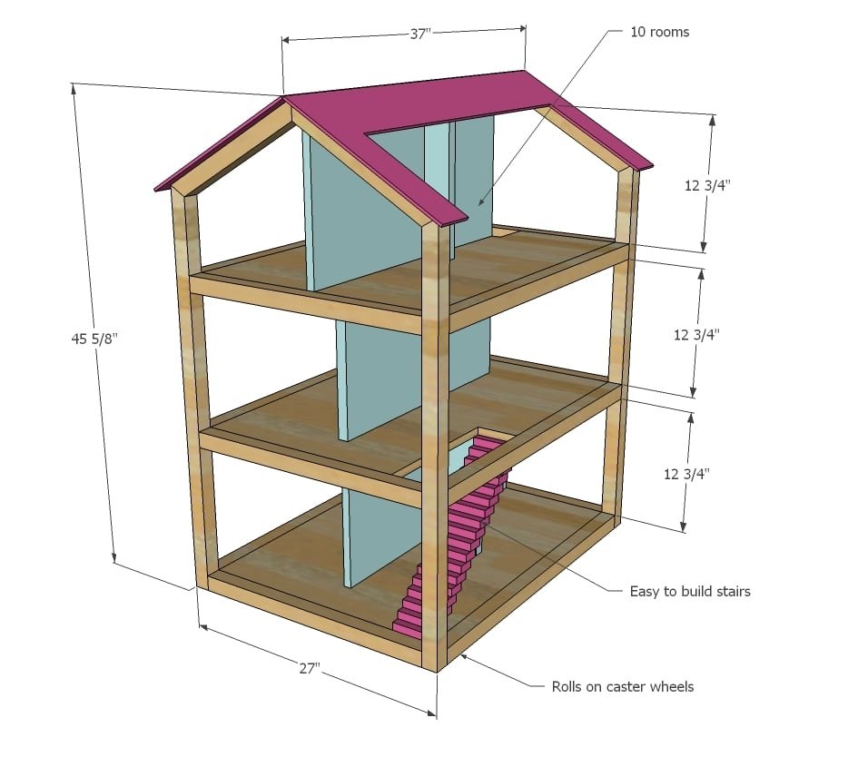 Open Frame Dollhouse for 12" Dolls dimension diagram 1