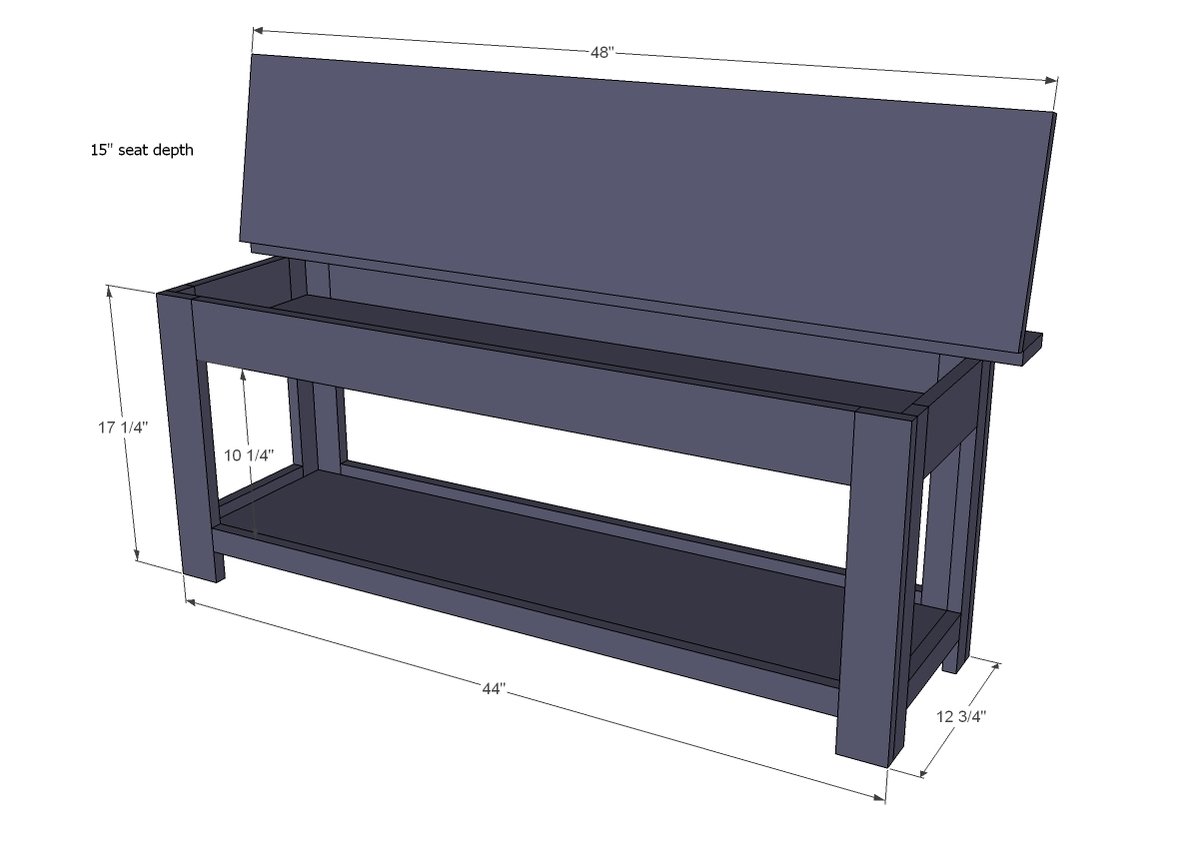 Pine Board Flip Top Storage Bench dimension diagram 1