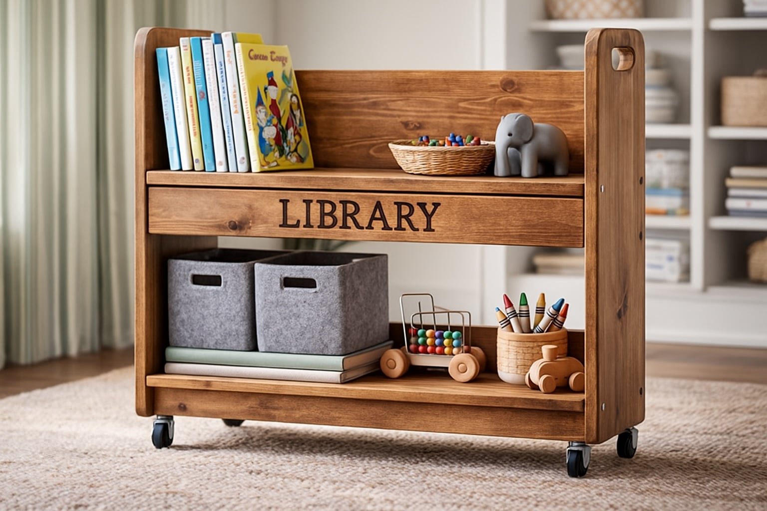 Pine Wood Library Book Cart