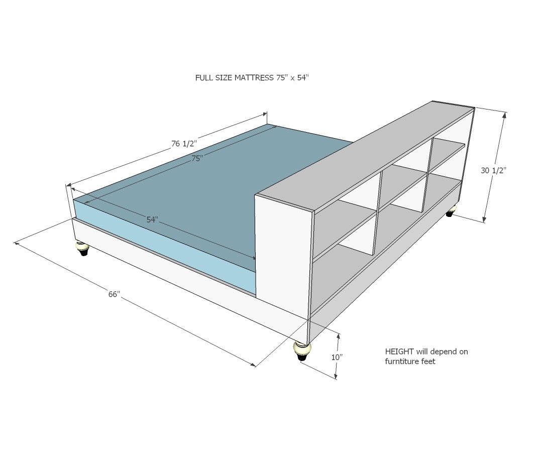 Platform Bed with Side Storage 1x12 Divider Shelf dimension diagram 1