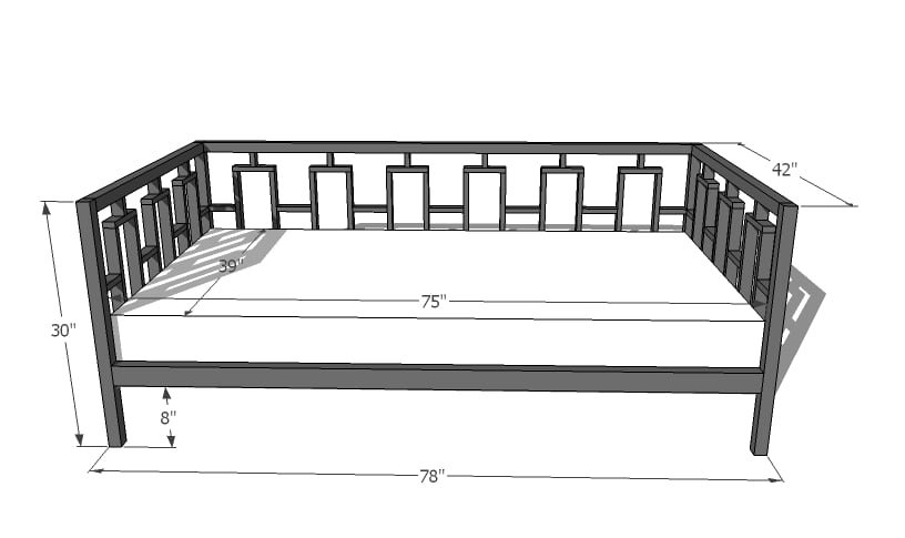 Rectangles Day Bed dimension diagram 1