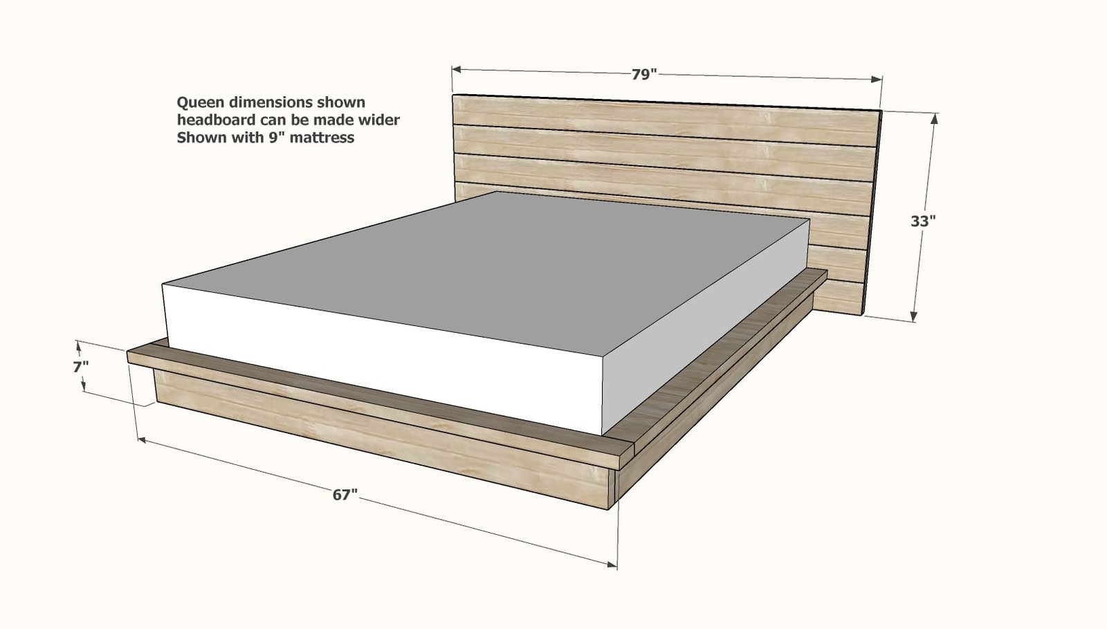 Rustic Modern Platform Bed Frame with Headboard (All Bed Sizes) dimension diagram 1