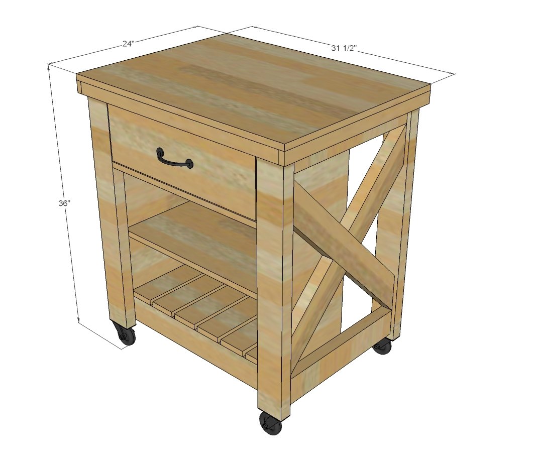 Rustic X Small Rolling Kitchen Island dimension diagram 1