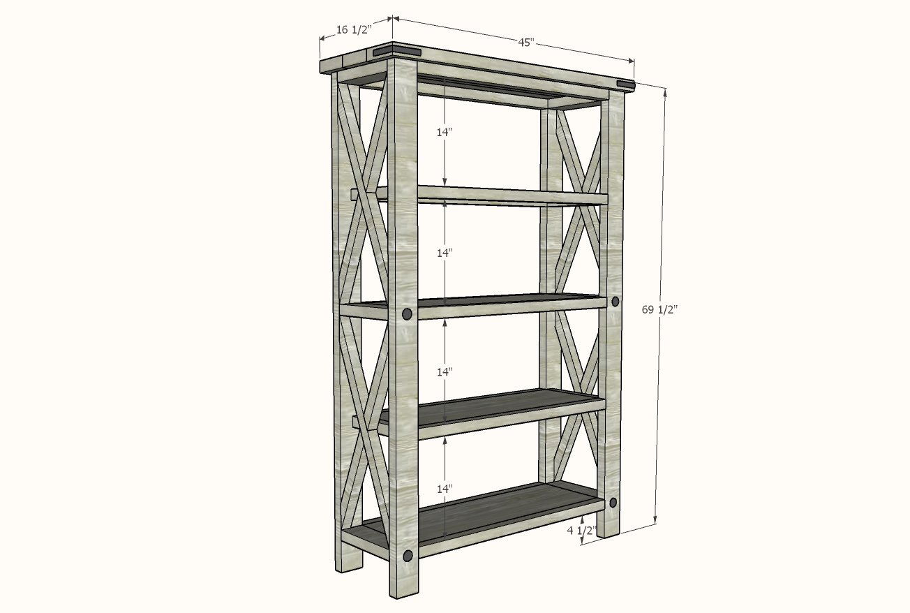 Rustic X Tall Bookshelf dimension diagram 1