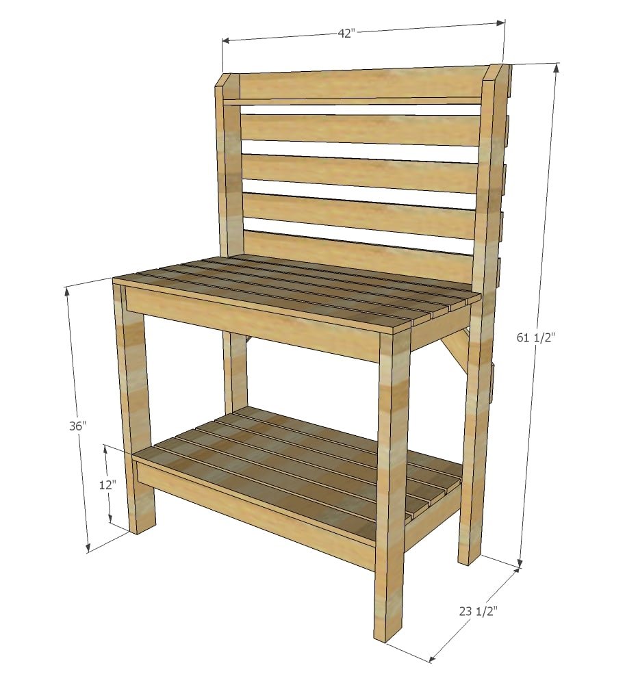 Simple 2x4 Potting Bench with Slatted Back dimension diagram 1