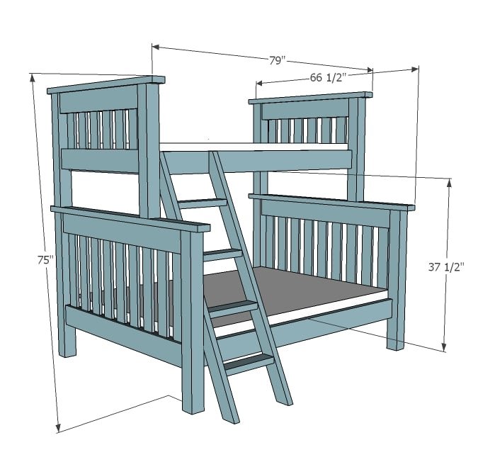 Simple Bunk Bed Plans (Twin over Full) dimension diagram 1