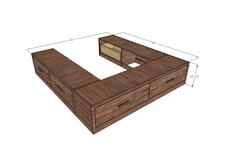 Simplest to Build Wood Storage Bed with Drawers dimension diagram 1