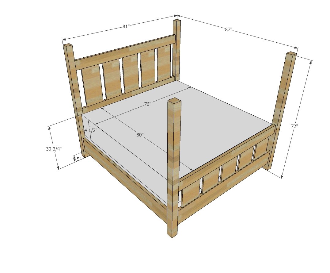 Slatted Four Post Farmhouse Bed dimension diagram 1