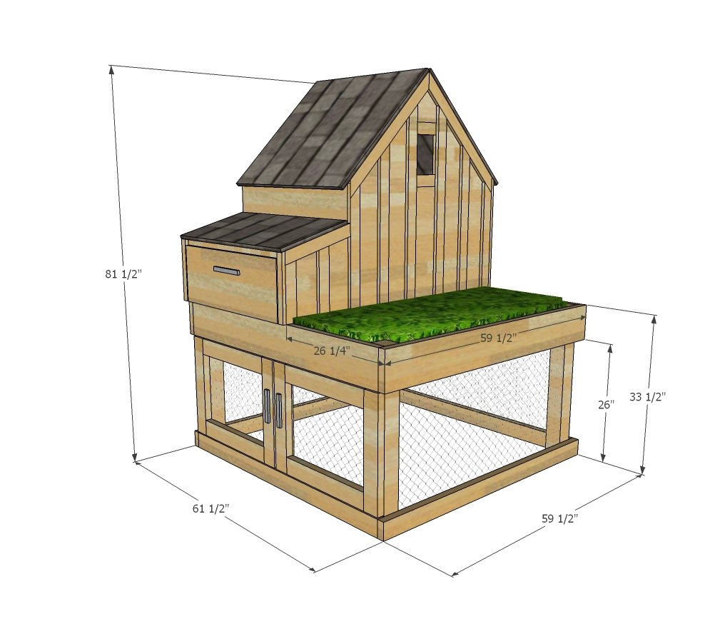 Small Chicken Coop with Planter, Clean Out Tray and Nesting Box dimension diagram 1