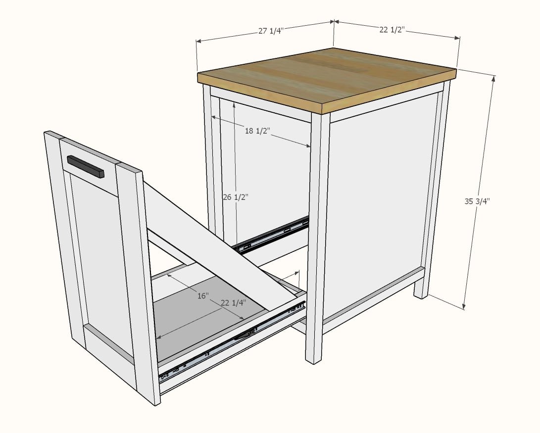 Small Kitchen Island with Slide Out Double Trash Cans dimension diagram 1