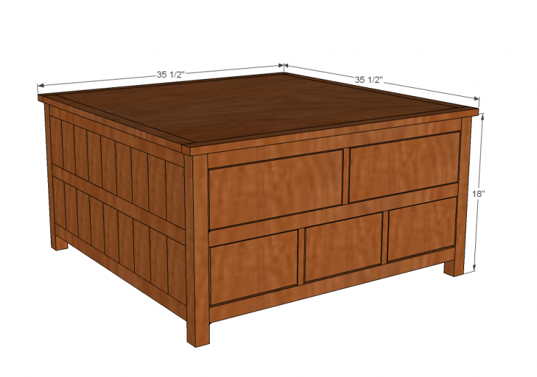 Square Coffee Table with Drawers dimension diagram 1