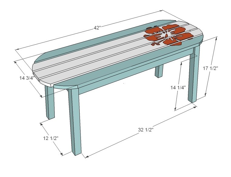 Surf Board Coffee Table, Bench or Child's Table dimension diagram 1