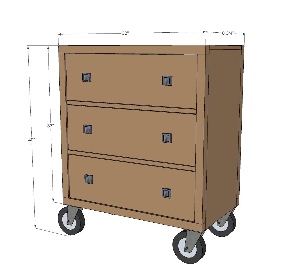 Three Drawer Rolling Dresser dimension diagram 1