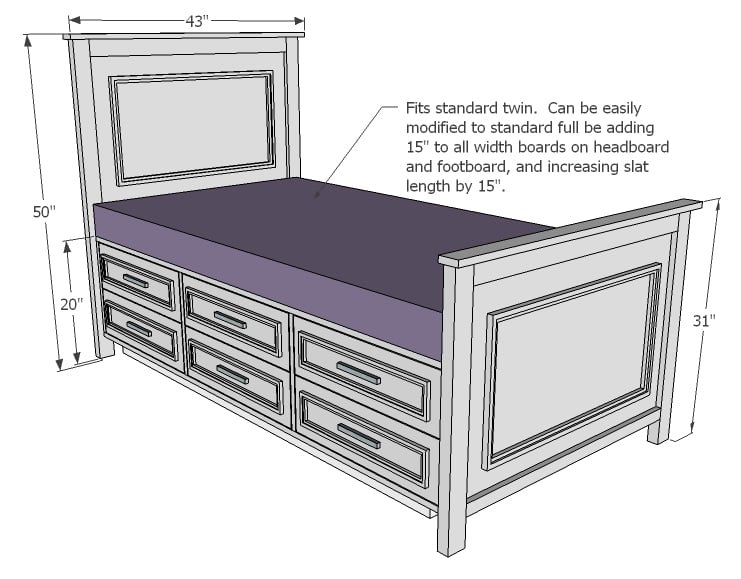 Timeless Storage Bed with 12 Drawers dimension diagram 1