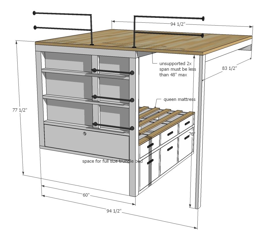 Tiny House Loft with Bedroom, Guest Bed, Storage and Shelving dimension diagram 1