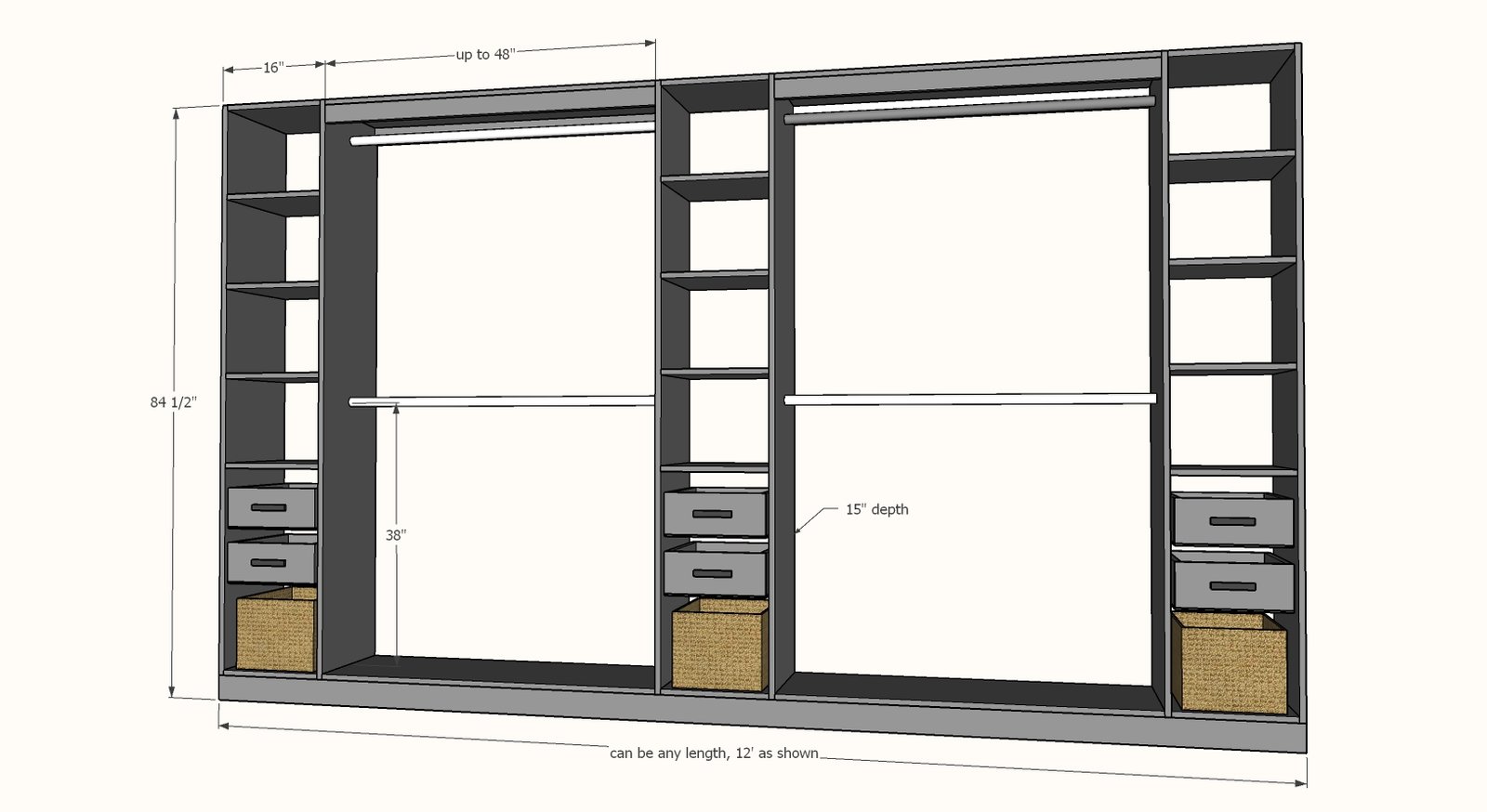 Tower Based Master Closet System dimension diagram 1